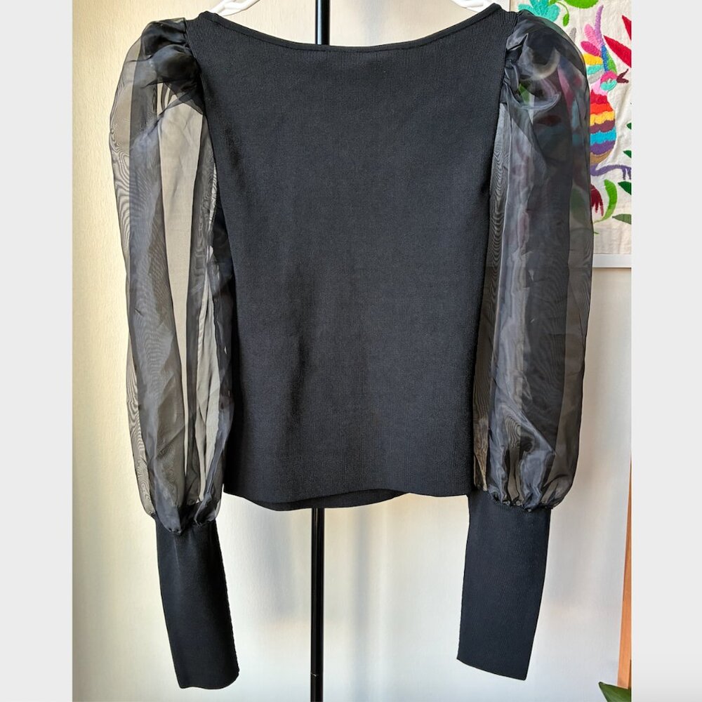 Alice + Olivia NWT Black Abella Sheer Puff-Sleeve Top - Size M - Picture 7 of 13